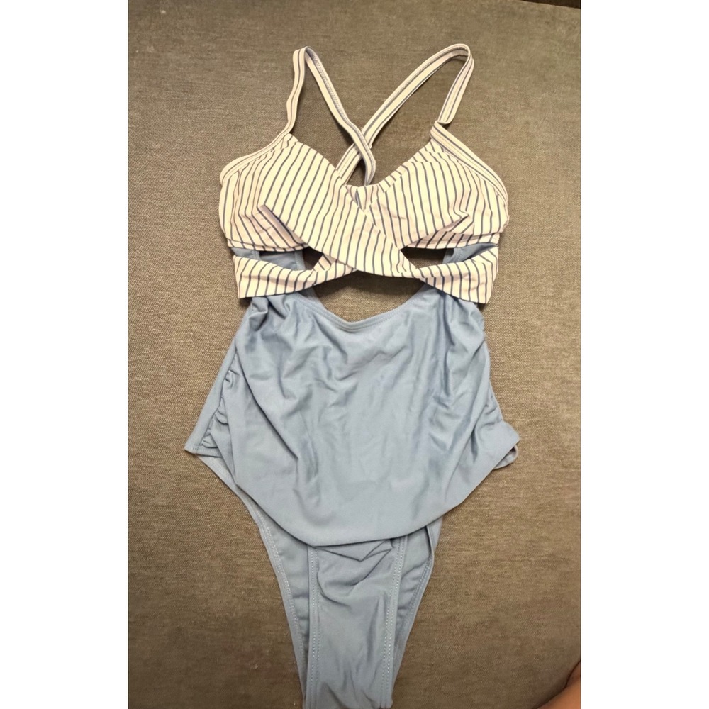 Blue Striped Cutout One Piece Swimsuit Monokini Womens Small Criss Cross Back
